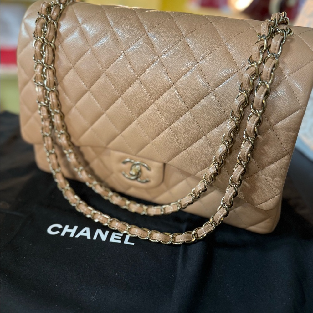 Chanel Beige Jumbo Quilted Shoulder Bag with Chain Strap